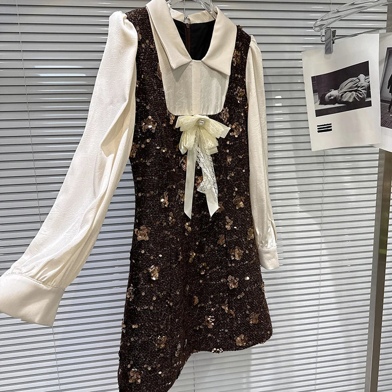 Winter New Fashion Bowknot Shirt Patchwork Sequin Tweed Dress For Women Elegant Casual Long Sleeve Dresses 11A07765