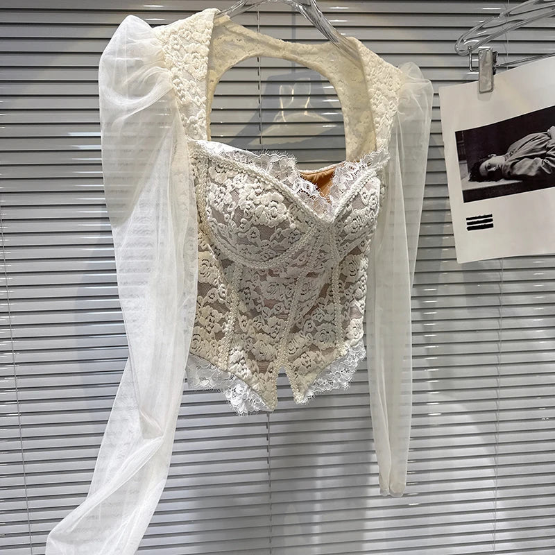 Winter New Fashion Square Neck Mesh Sleeve Fishbone Waist Slim Fit Lace Blouse For Women Backless Shirts 11A07517