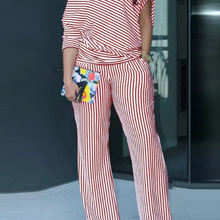 VONDA Plus Size Women Matching Sets 2025 Elegant Off Shoulder Pant Sets Printed Striped Trousers Suits Tops and Wide Leg Pants Red