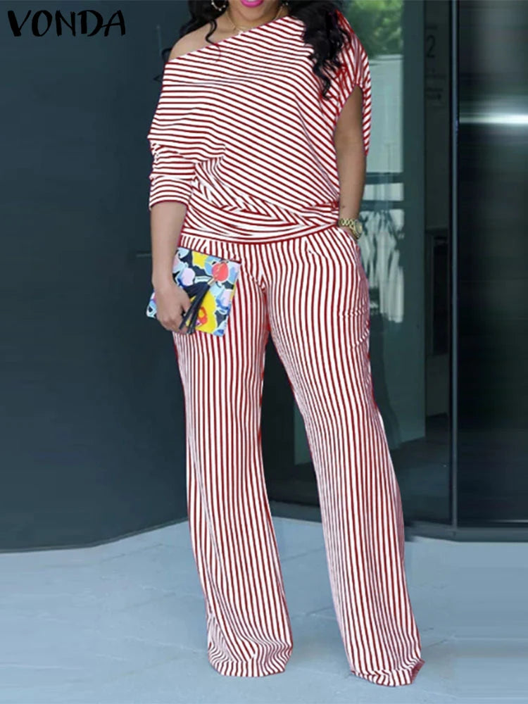 VONDA Plus Size Women Matching Sets 2025 Elegant Off Shoulder Pant Sets Printed Striped Trousers Suits Tops and Wide Leg Pants Red