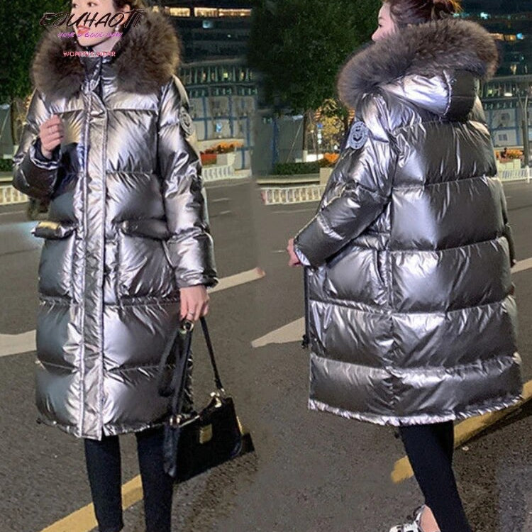 Parka d'hiver pour femme, nouvelle veste brillante en coton sans lavage, sous les genoux, longue, à capuche, col en fourrure, manteau épais pour femme 