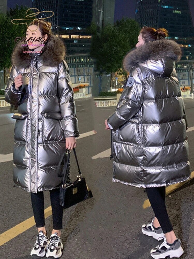 Woman Winter Parkas New Glossy Wash Free Down Cotton Jacket Below The Knees Long Style Hooded Fur Collar Thicken Women's Coat
