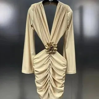 DEAT New Items Trendy Women's Wrinkled 3D Flower Chest Pad Dress Spring Fashion Long Sleeves V-neck Dresses Female 11XX8774 apricot