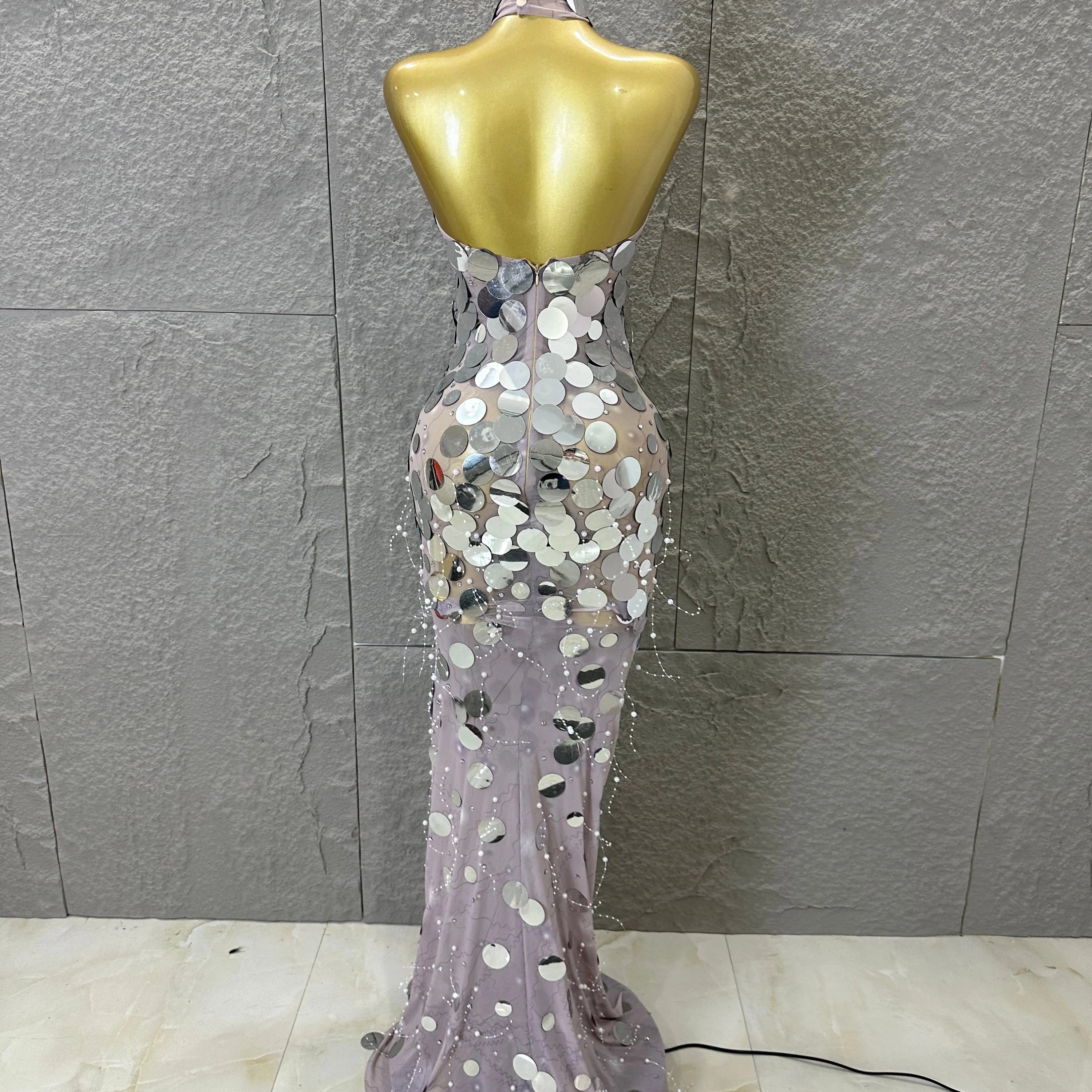 Opulent Silver Gold Sequin Maxi Dress Women Sexy Strapless Sheer Mesh Beaded Trim Bodycon Outfit Evening Gala Party Costume