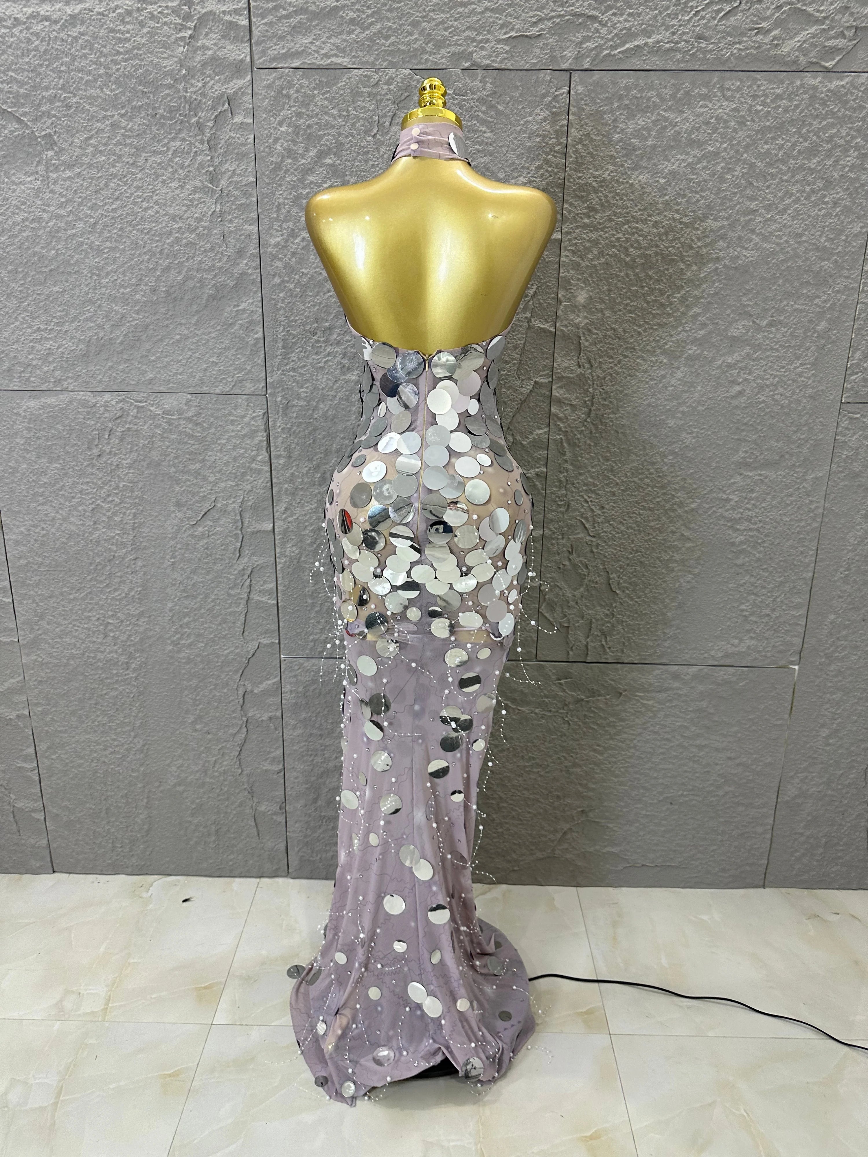 Opulent Silver Gold Sequin Maxi Dress Women Sexy Strapless Sheer Mesh Beaded Trim Bodycon Outfit Evening Gala Party Costume
