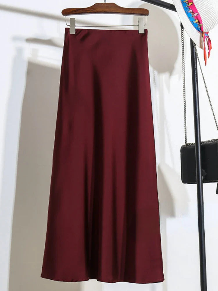 Acetic Satin Fishtail Skirt Woman Korean Fashion Elastic High Waist Skirts for Women Spring/summer New Slim Long Dresses wine red