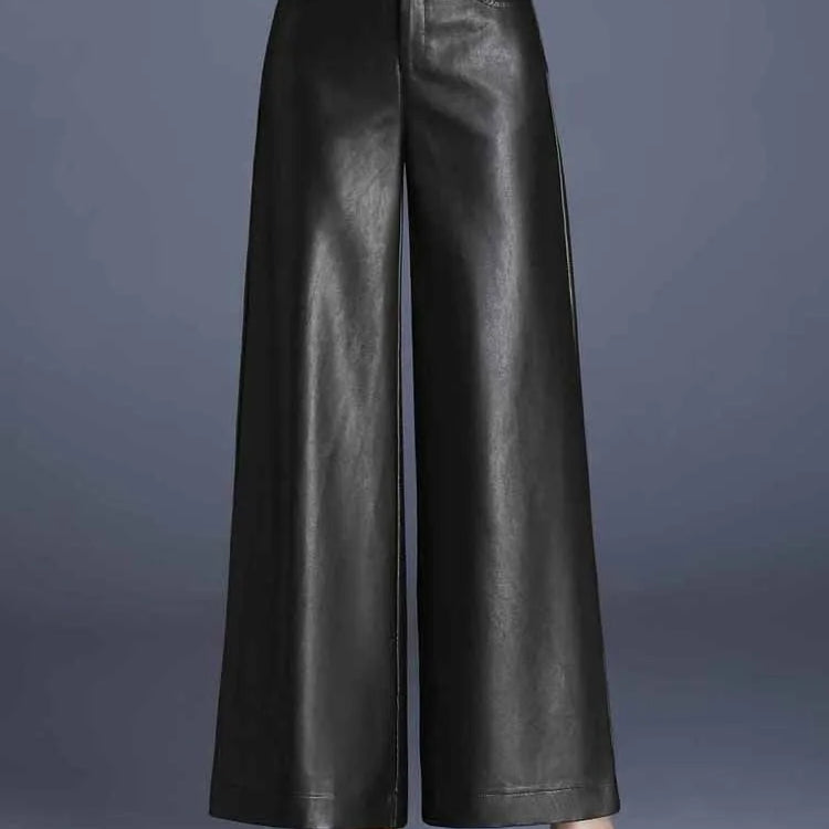 ZUZK Women PU Leather Wed Leg Pants Autumn Winter Fashion Warm Long Leather Pants Elegant LeatherTrousers