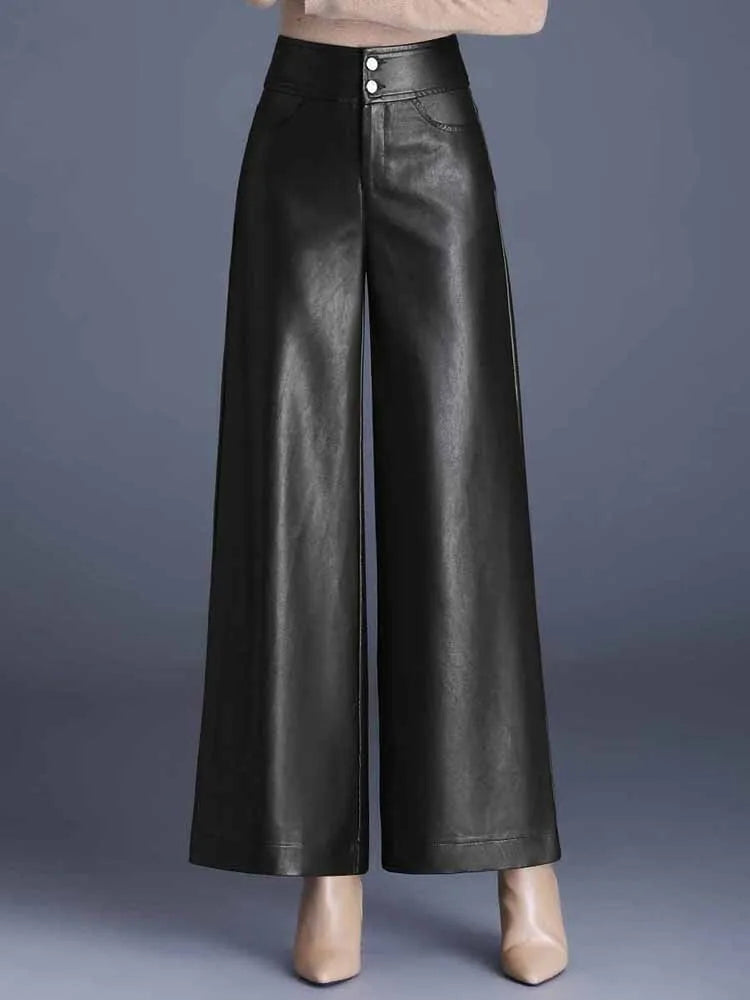 ZUZK Women PU Leather Wed Leg Pants Autumn Winter Fashion Warm Long Leather Pants Elegant LeatherTrousers
