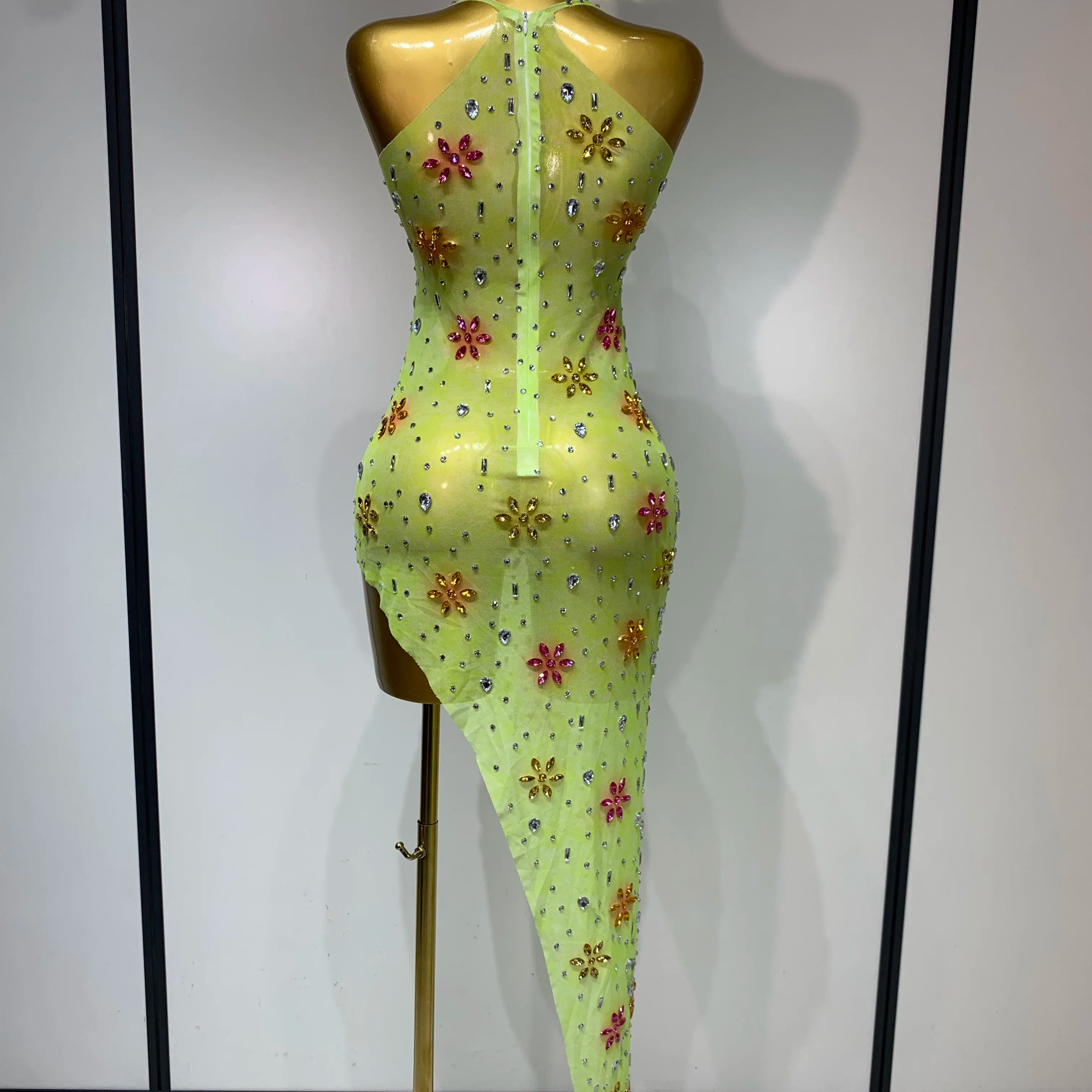 Women Sexy Mesh See Through Stretch Sparkly Rhinestone Performance Costume Stage Dancer Nightclub Party Luxury Birthday Dress