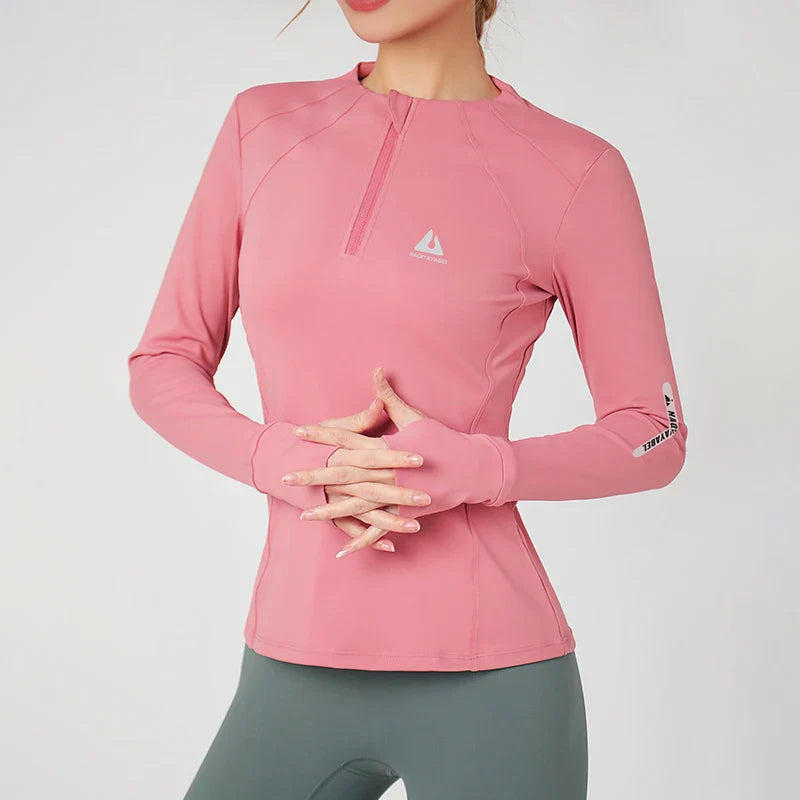 Round neck sports coat women tight fitness top running long-sleeved quick dry Slim zipper yoga clothing fall and winter Pink Top
