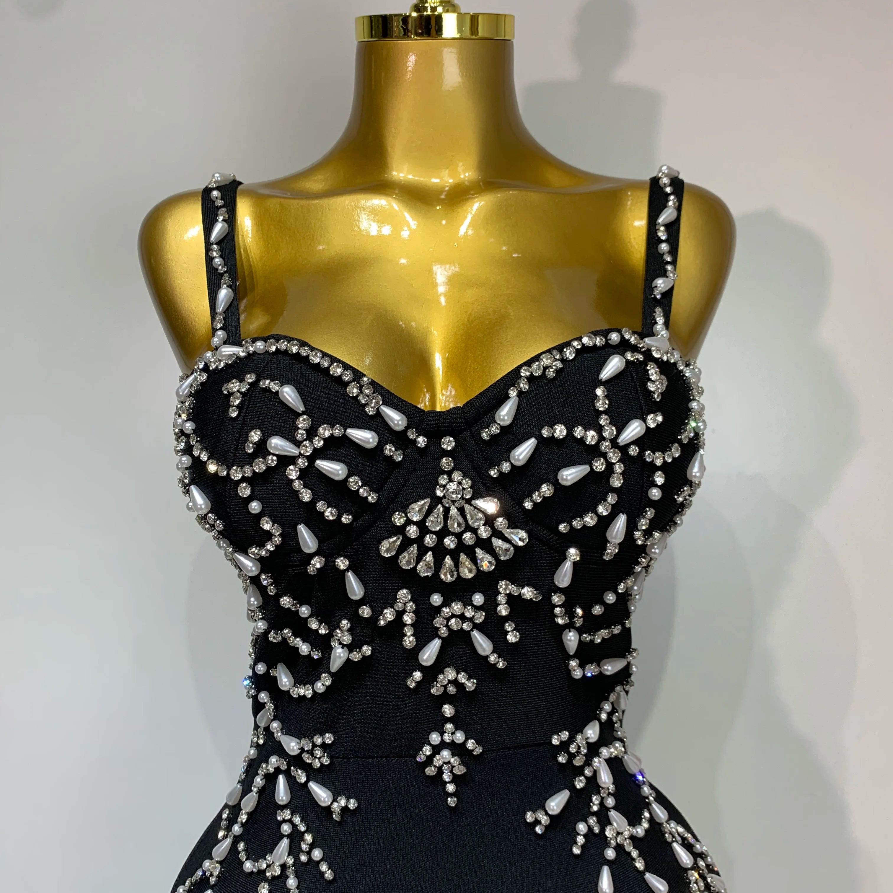 Women Sexy V Neck Black Beading Maxi Long Bodycon Bandage Dress 2025 Celebrity Elegant Evening Club Party Luxury Birthday Dress