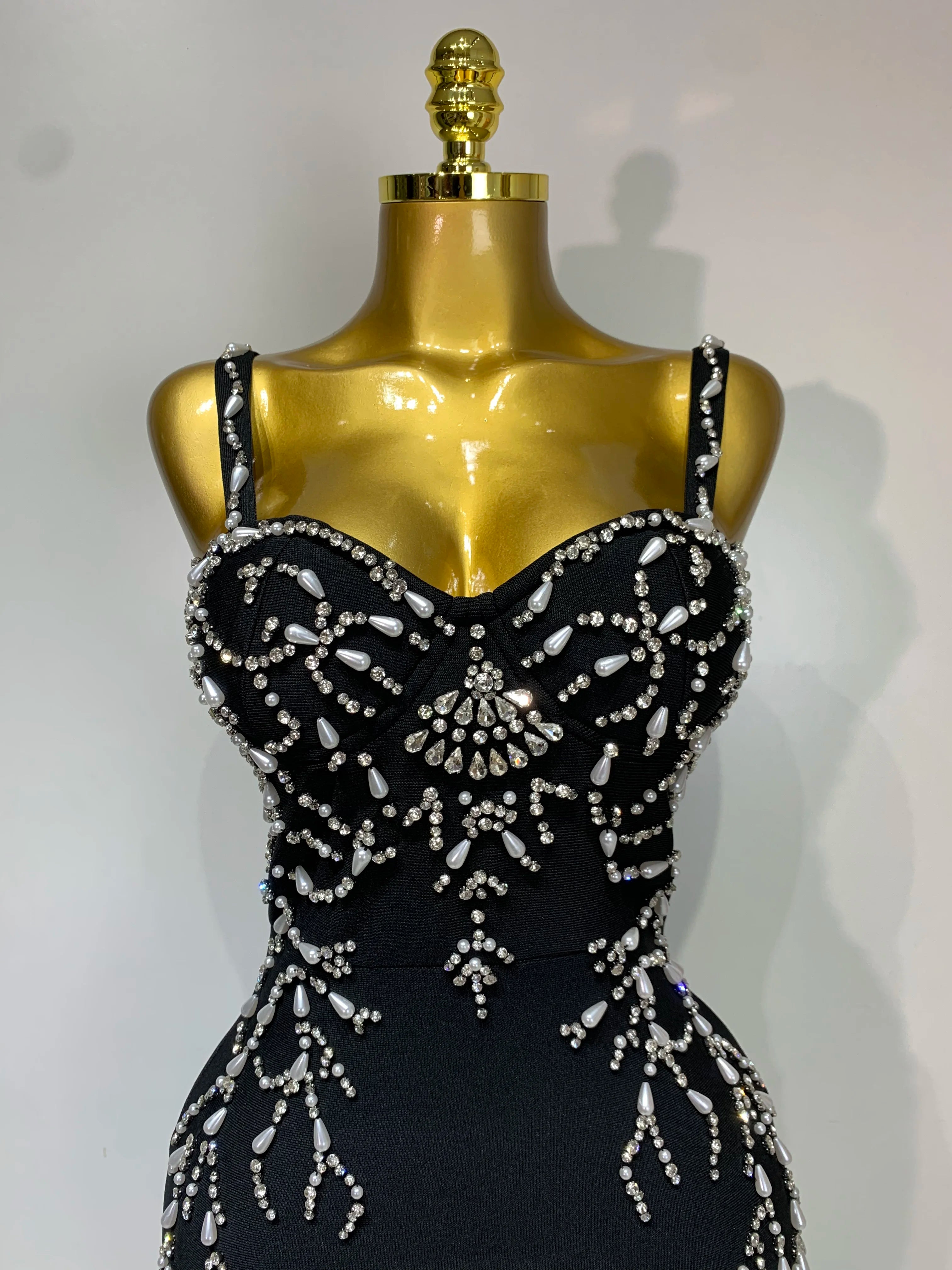 Women Sexy V Neck Black Beading Maxi Long Bodycon Bandage Dress 2025 Celebrity Elegant Evening Club Party Luxury Birthday Dress