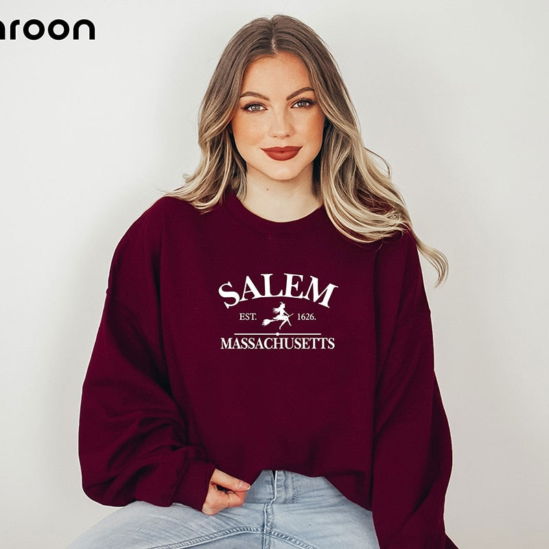 Salem Massachusetts Funny Halloween Womens Sweatshirt O Neck Graphic Hoodies Witch Graphic Tops 2000s Grunge Clothes Female Tops Claret