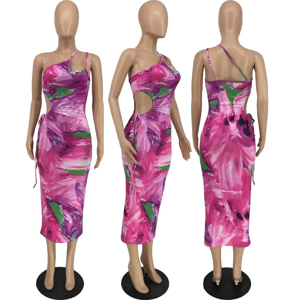 2022 Tie Dye Summer Womem Bodycon Bandage Spaghetti Strap Skew Neck Sleeveless Midi Dress Sexy Party Evening Club Dress