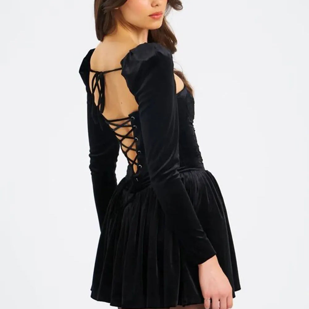 2024 Sexy Women's Christmas Dress Lace Square Collar Bubble Long Sleeve Slimming Bareback Drawstring pleated Mini Dress Vestidos