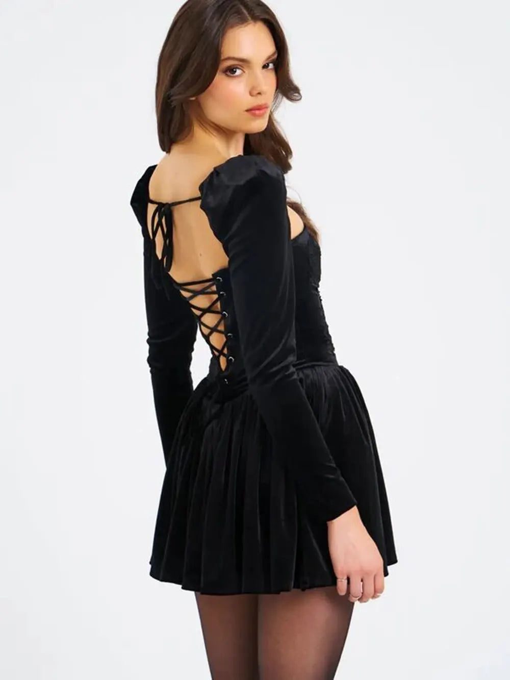 2024 Sexy Women's Christmas Dress Lace Square Collar Bubble Long Sleeve Slimming Bareback Drawstring pleated Mini Dress Vestidos