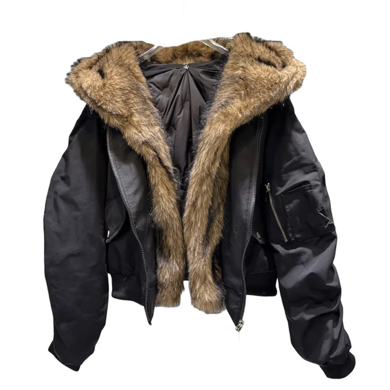 Winter New Fashion Furry Patchwork Motorcycle Cotton-padded Jacket For Women Hooded Zipper Warm Coat Female 11A07604