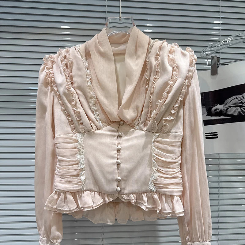 Winter New Sweet Temperament V-neck Heavy Pleated Edge Waist Design Chiffon Blouse For Women Small Shirt 11A07900