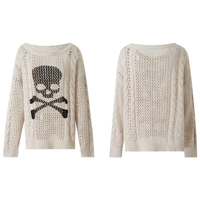 Women Skull Print Cable Knit Sweater Halloween Clorthes Gothic Hollow Out Long Sleeve Round Neck Loose Jumper Tops Fall Knitwear