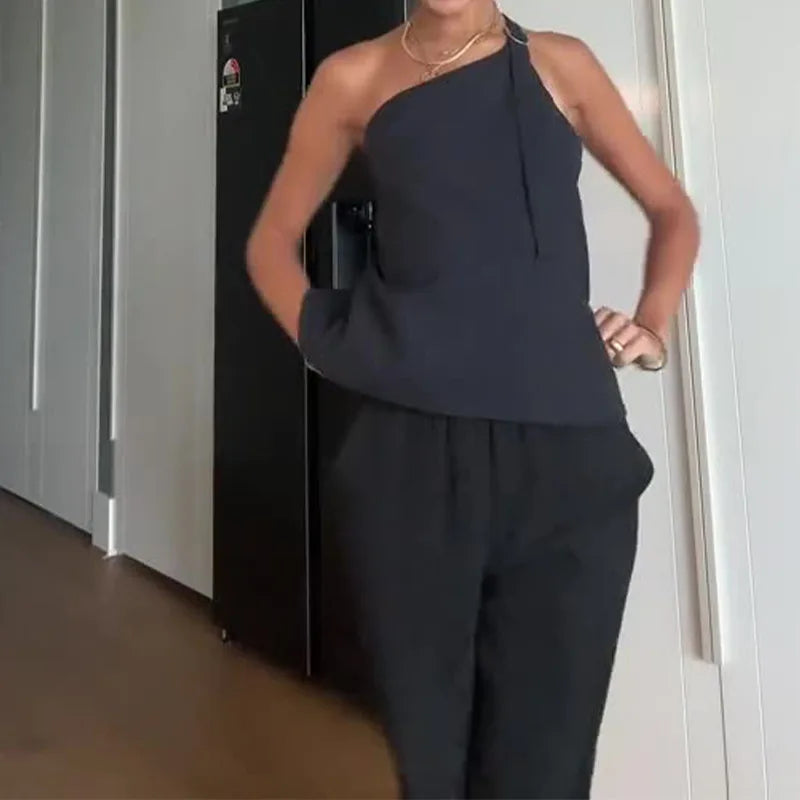 Women's 2 Pieces Set Fashion Versatile Solid Diagonal Collar Sleeveless Top Loose Wide Leg Pants Suits for Female Streetwear