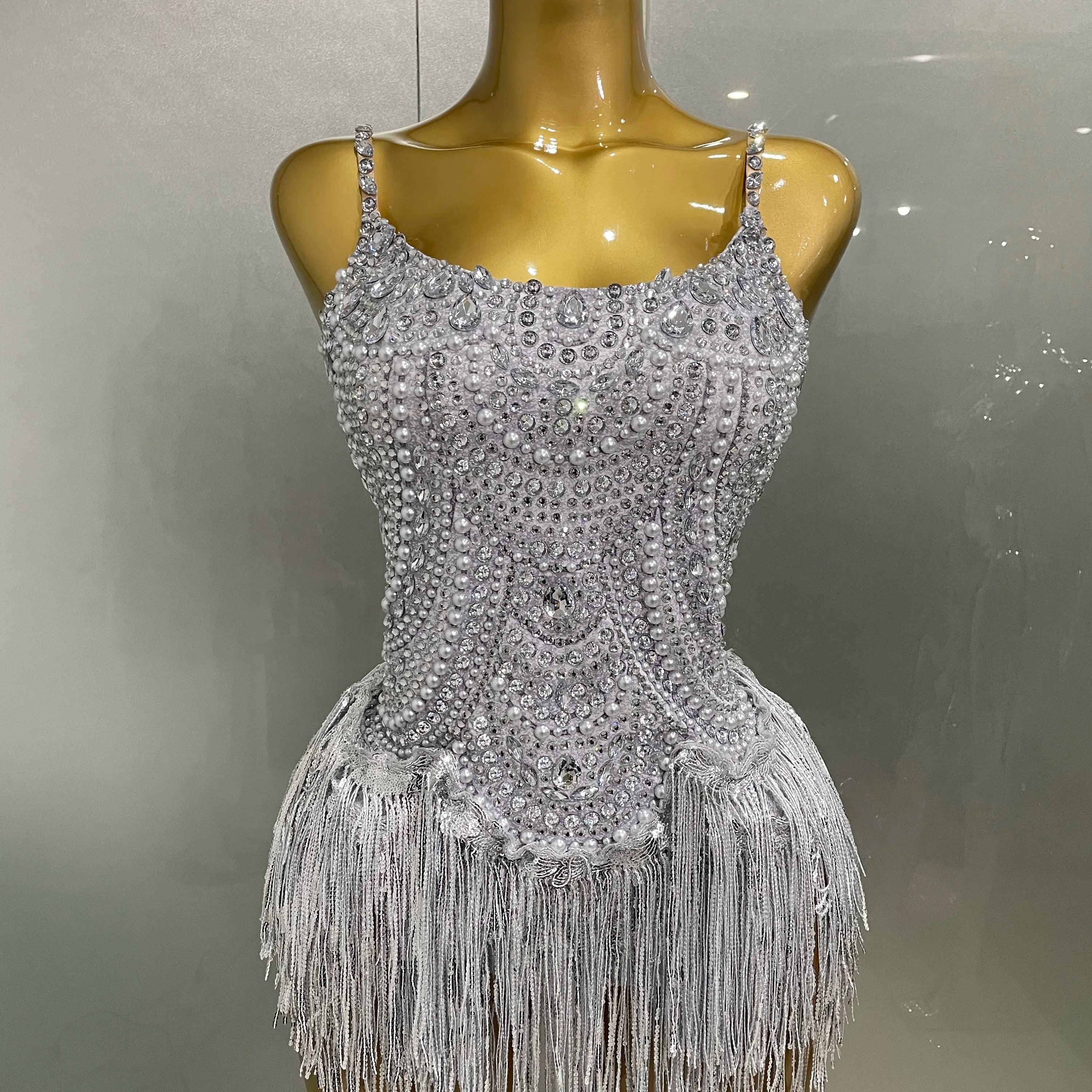 Sparkly Silver Rhinestones Pearl Tassels Bodysuit 2025 New Women Sexy Eveing Birthday Party Nightclub Stage Performance Costume Silver