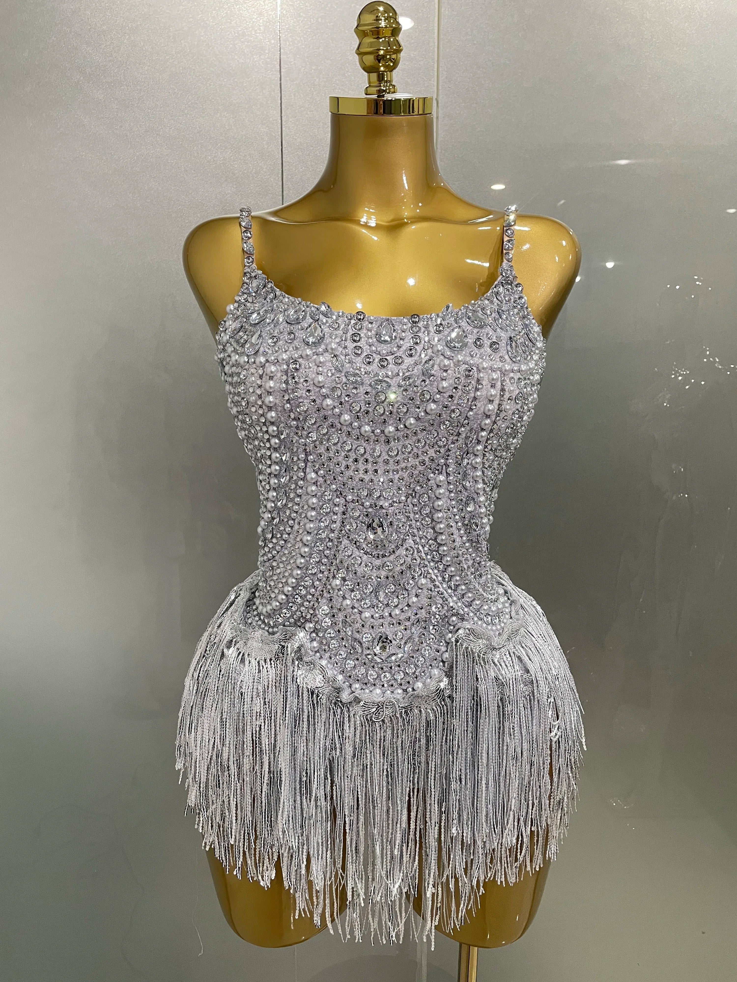 Sparkly Silver Rhinestones Pearl Tassels Bodysuit 2025 New Women Sexy Eveing Birthday Party Nightclub Stage Performance Costume Silver