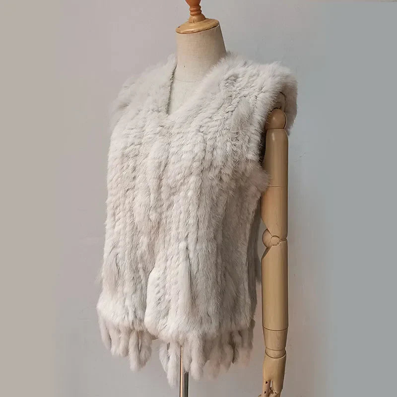 New Women Burgundy Knitted Real Fur vest with tassel V-neck fluffy Genuine Fur Gilet Hot Sale Natural Rabbit Waistcoat