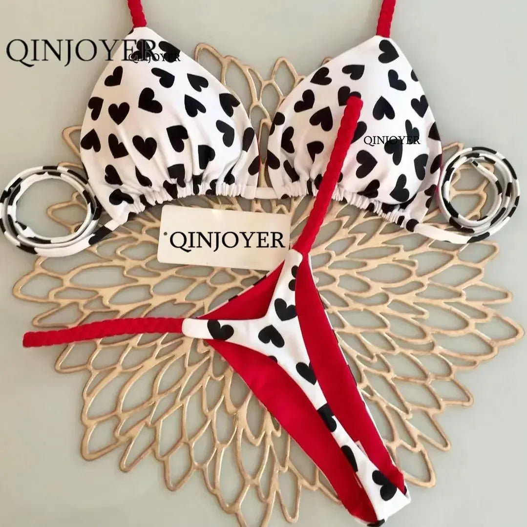 QINJOYER Pink Swimwear Women Brazilian Bikini Cute Heart Print Swimsuit Sexy Thong Bikini Set 2023 Bathing Suit Women Beachwear Black Heart