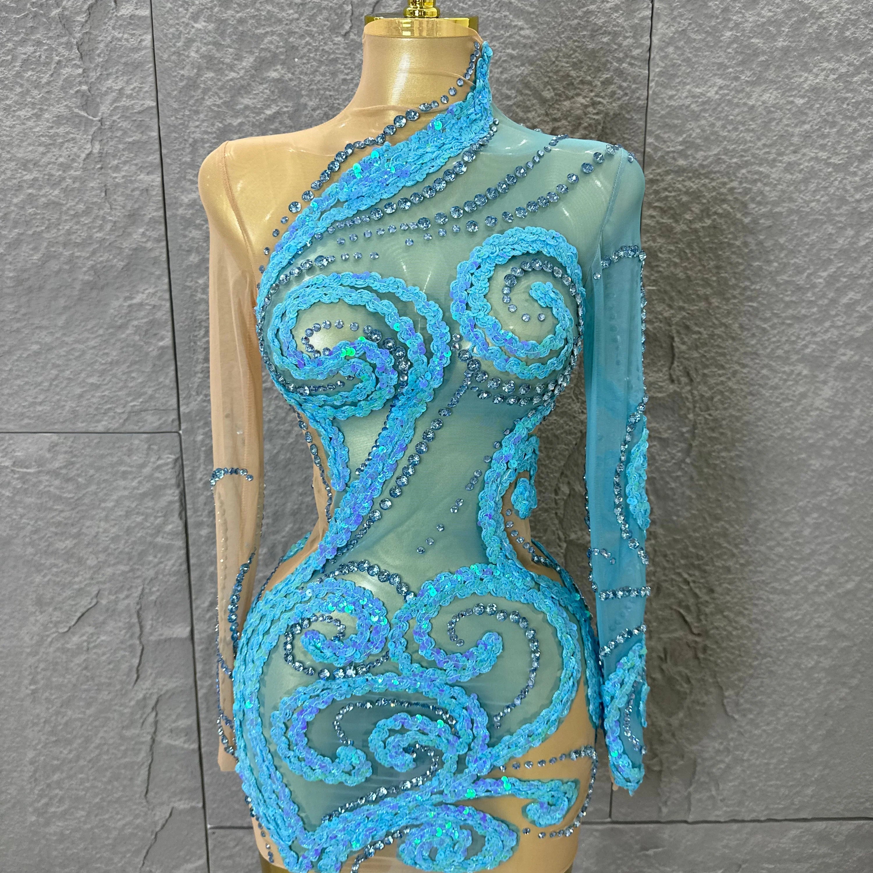 Luxury Sheer Mesh Bodycon Gown Cocktail Party Red Carpet Performance Outfit Elegant Blue Crystal Embellished Mini Dress Women