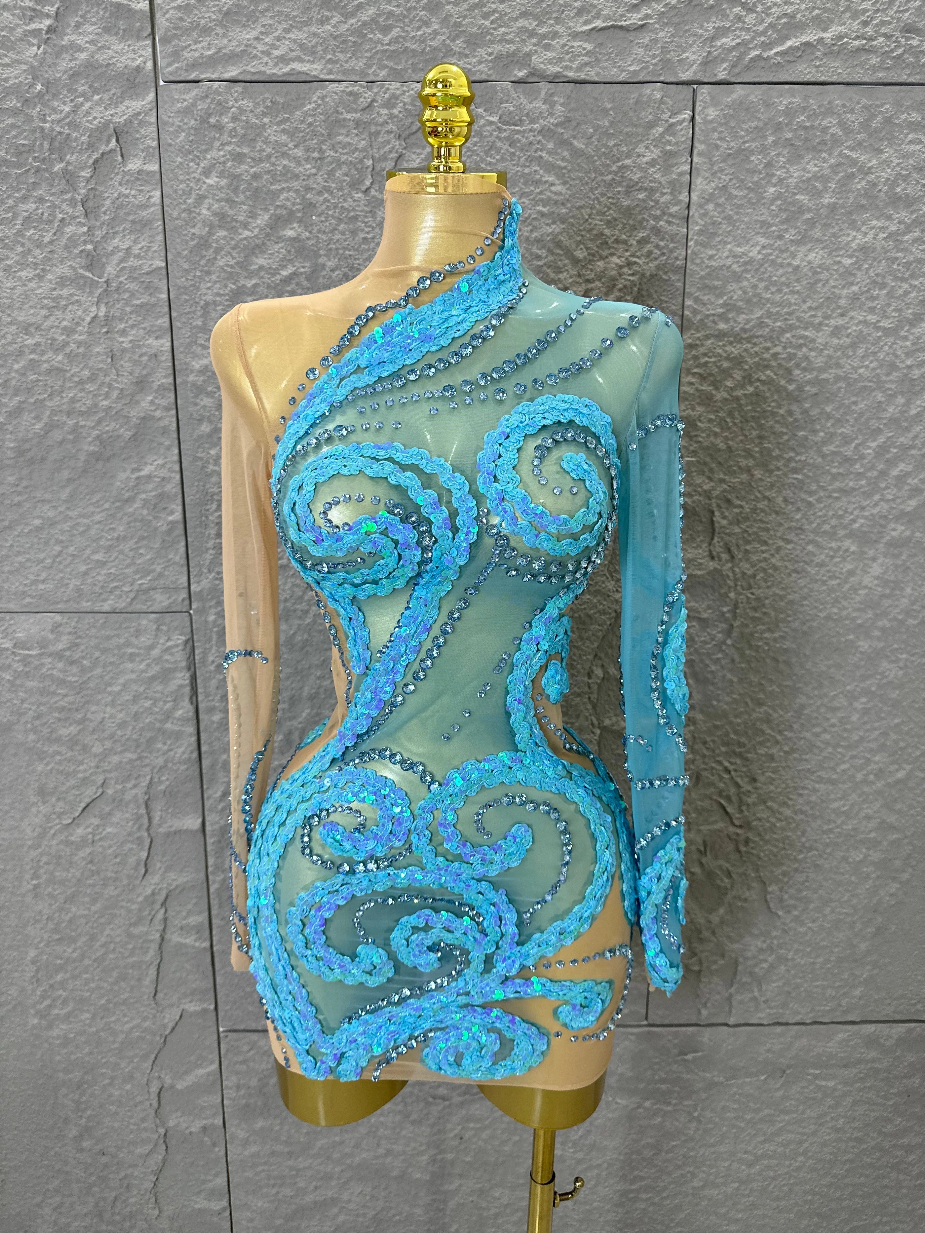 Luxury Sheer Mesh Bodycon Gown Cocktail Party Red Carpet Performance Outfit Elegant Blue Crystal Embellished Mini Dress Women