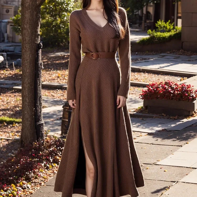 Vintage Idle Side Slit Coffee Color Sweater For Women Autumn/Winter New Socialite Style V-Neck Knit Dress