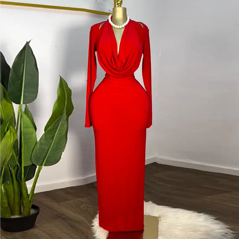 Women Full Sleeve Pile Collar Long Maxi Dress 2025 Sweet Holiday Beach Birthday Evening Sexy Girl Party Dresses Vestidos Red