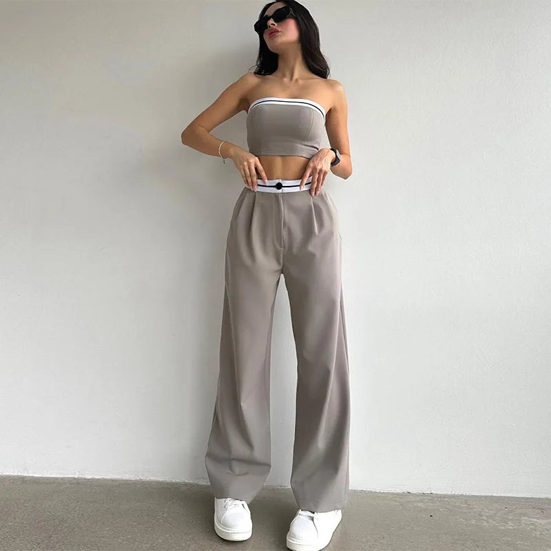 Women's Sexy And Fashionable Pants Set Spring/Summer Spicy Girls Sports Tube Top+High Waist Wide Leg 2 Piece Pant Suit S-2XL