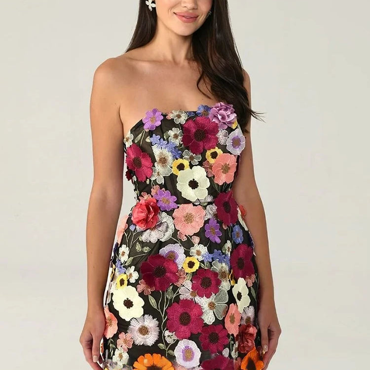 Pink Color Women Sexy Strapless Colorful Florals Bodycon Mini Dress Girls' Birthday Party Celebrate Vacation Dress Red