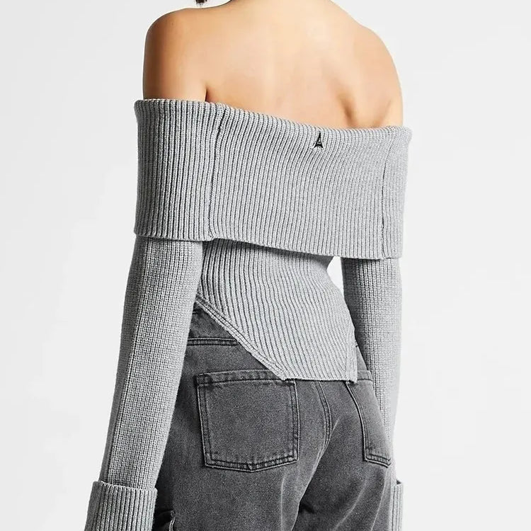 Solid Temperament Sweaters For Women Slash Neck Long Sleeve Tunic Irregular Minimalist Sweater Female Fashion Style