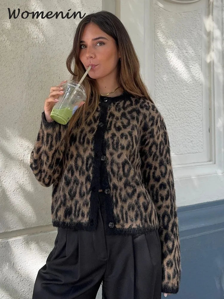Vintage Leopard Print Mohair Women Cardigans Knitted O-neck Single Breasted Short Sweater Autumn Lady Casual Streetwear New