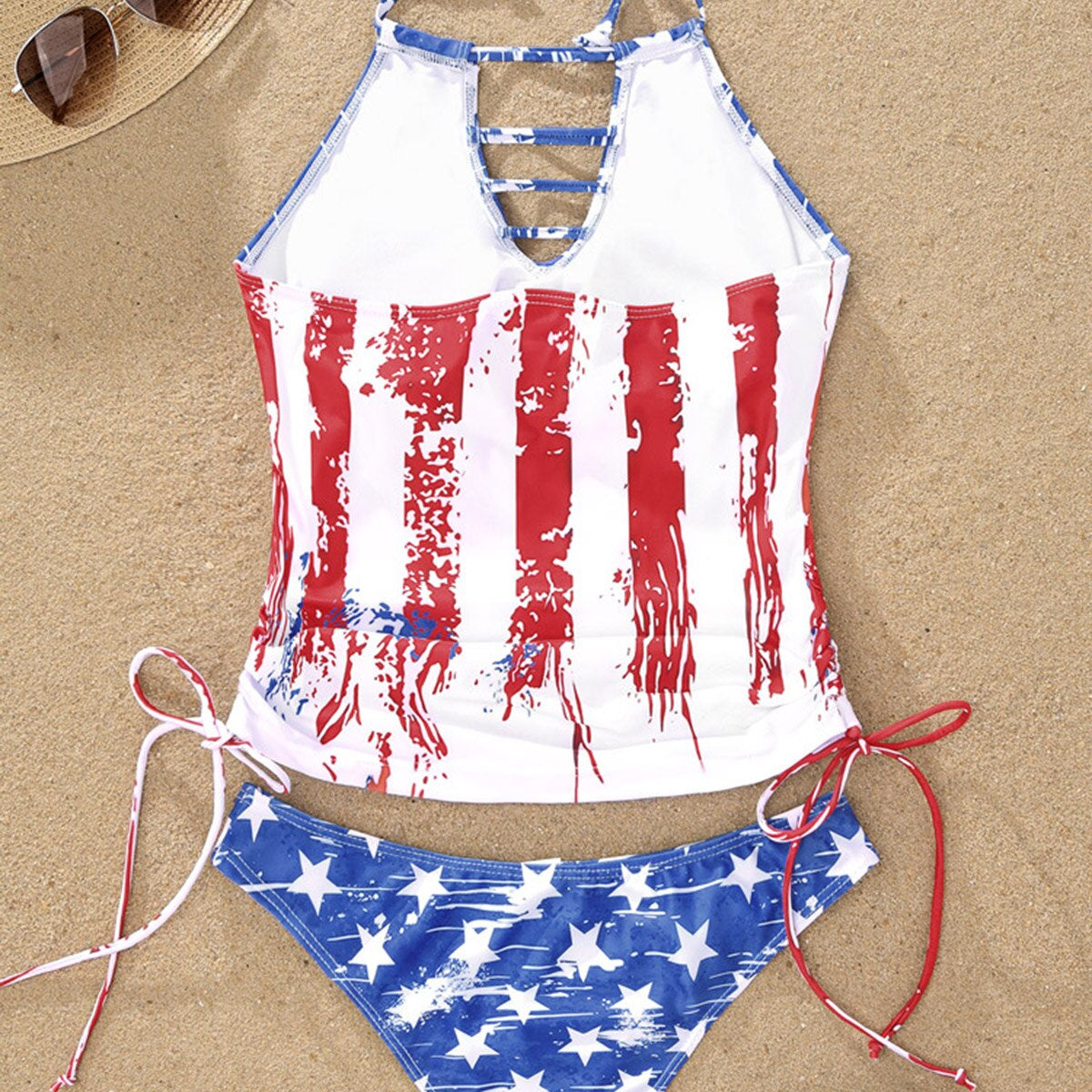 Sexy Women American Flag Hollow Out Drawstring Halter Tankini Set Brazilian Swimsuit 2024 New Bra Two Piece Swimwear Beachwear