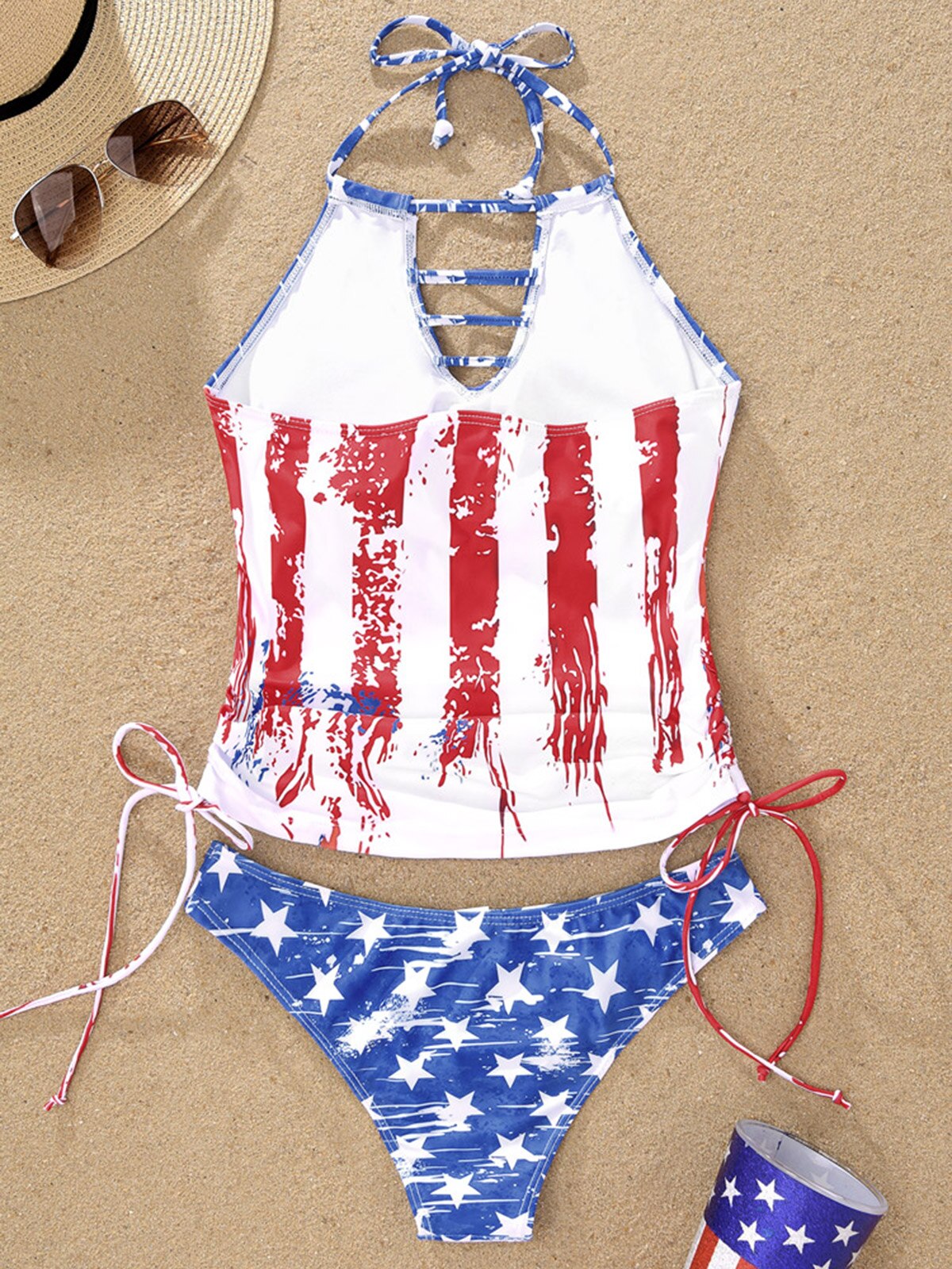 Sexy Women American Flag Hollow Out Drawstring Halter Tankini Set Brazilian Swimsuit 2024 New Bra Two Piece Swimwear Beachwear