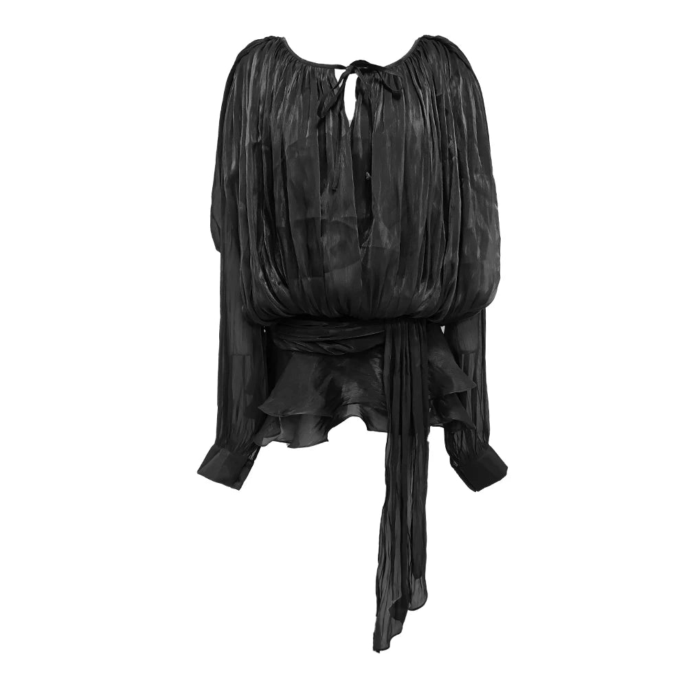 Chic Chiffon Mini Dress with Tie-Neck and Lantern Long Sleeves for a Garden Party Evening Gown black