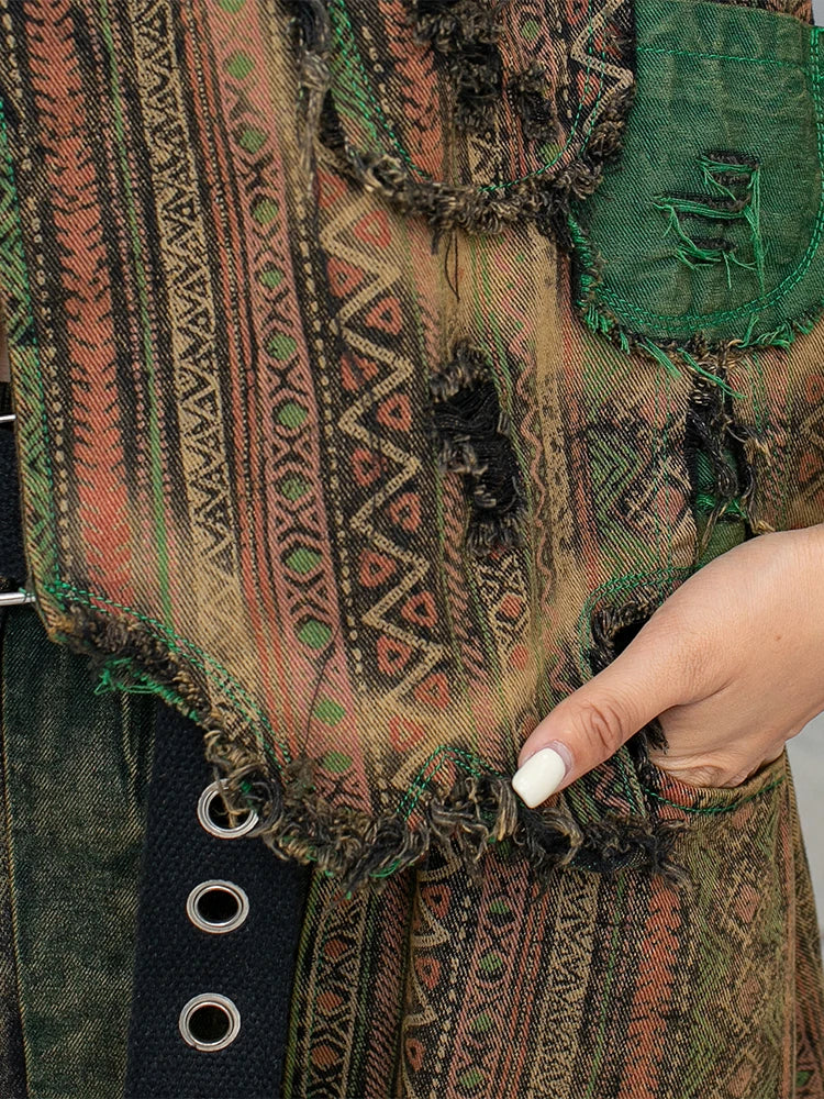 Spring Summer New Trendy Cool Personality Distressed Printed Denim Vest + Hanging Crotch Pants Two-piece Set Women LX255