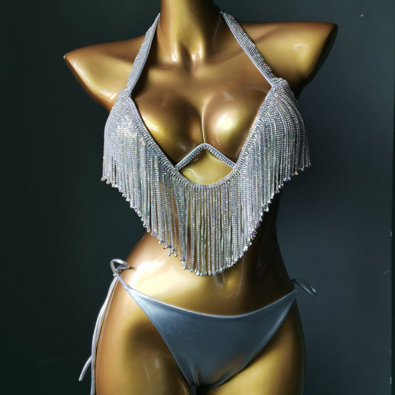 Sexy Push Up Gathered Bikini Luxury Crystal Diamond Women's Swimsuit High-End Rhinestone Tassel Triangle Swimwear Silver