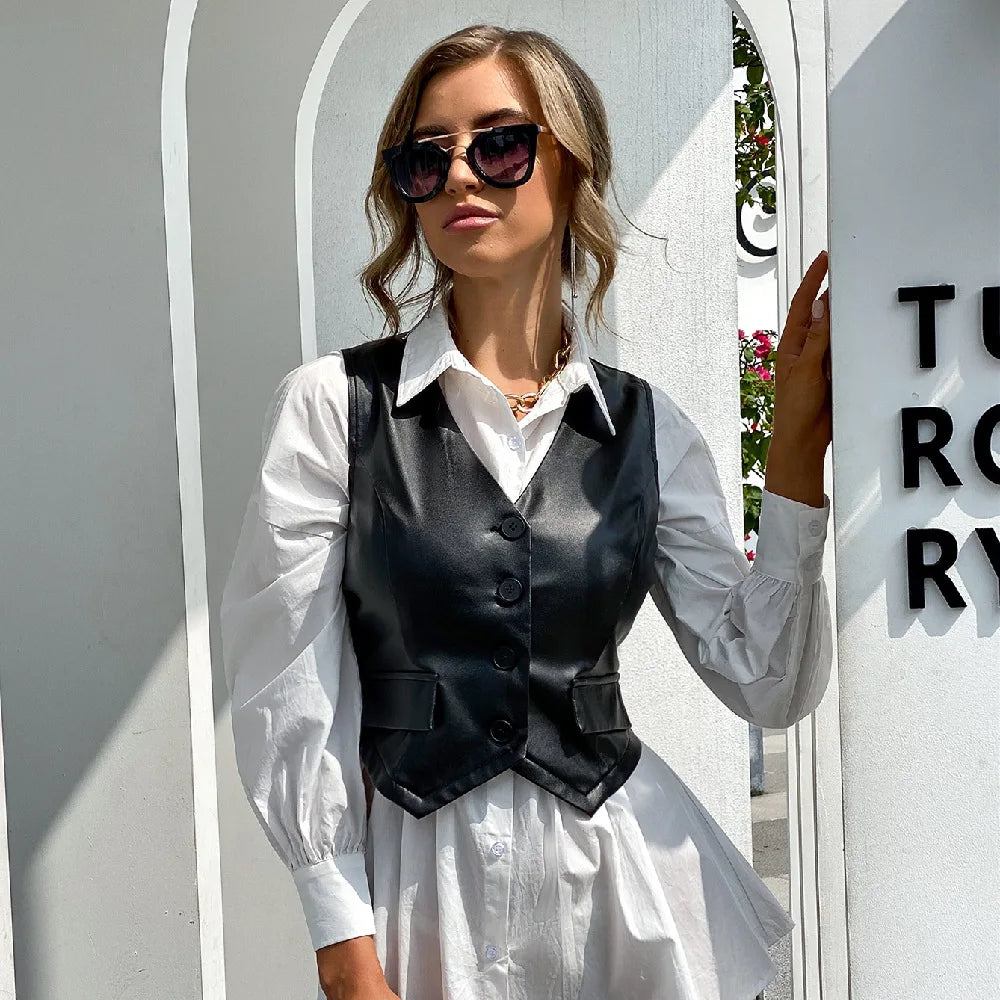 Vintage Cropped PU Leather Vest for Women V-neck Button Slim Waistcoat Spring Autumn Sleeveless Jacket Female Vests Black