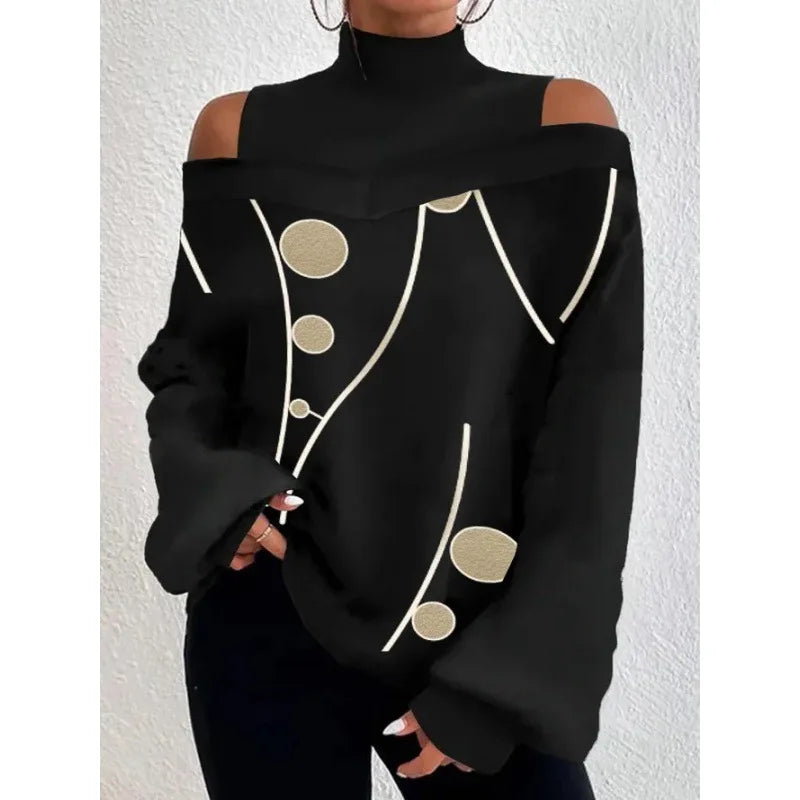 2024Ladies Long Sleeve Turtleneck Tops Women Sexy Off Shoulder Hollow Out Loose Printing T-shirt Autumn Fashion T-shirt Top 3