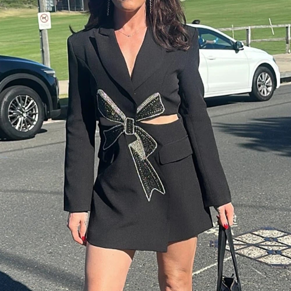 Solid Hollow Out Spliced Bow Fashion Jackets for Women Lapel Long Sleeves Patchwork Button Jacket Female Clothing