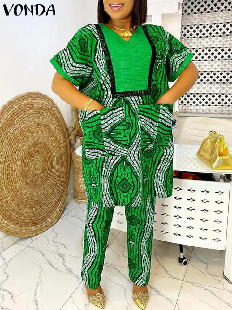 Plus Size 5XL Women Sets Summer Printing Loungewear Pants Sets VONDA 2024 Vintage Short Sleeve Tops Loose Pants Suits Two Piece
