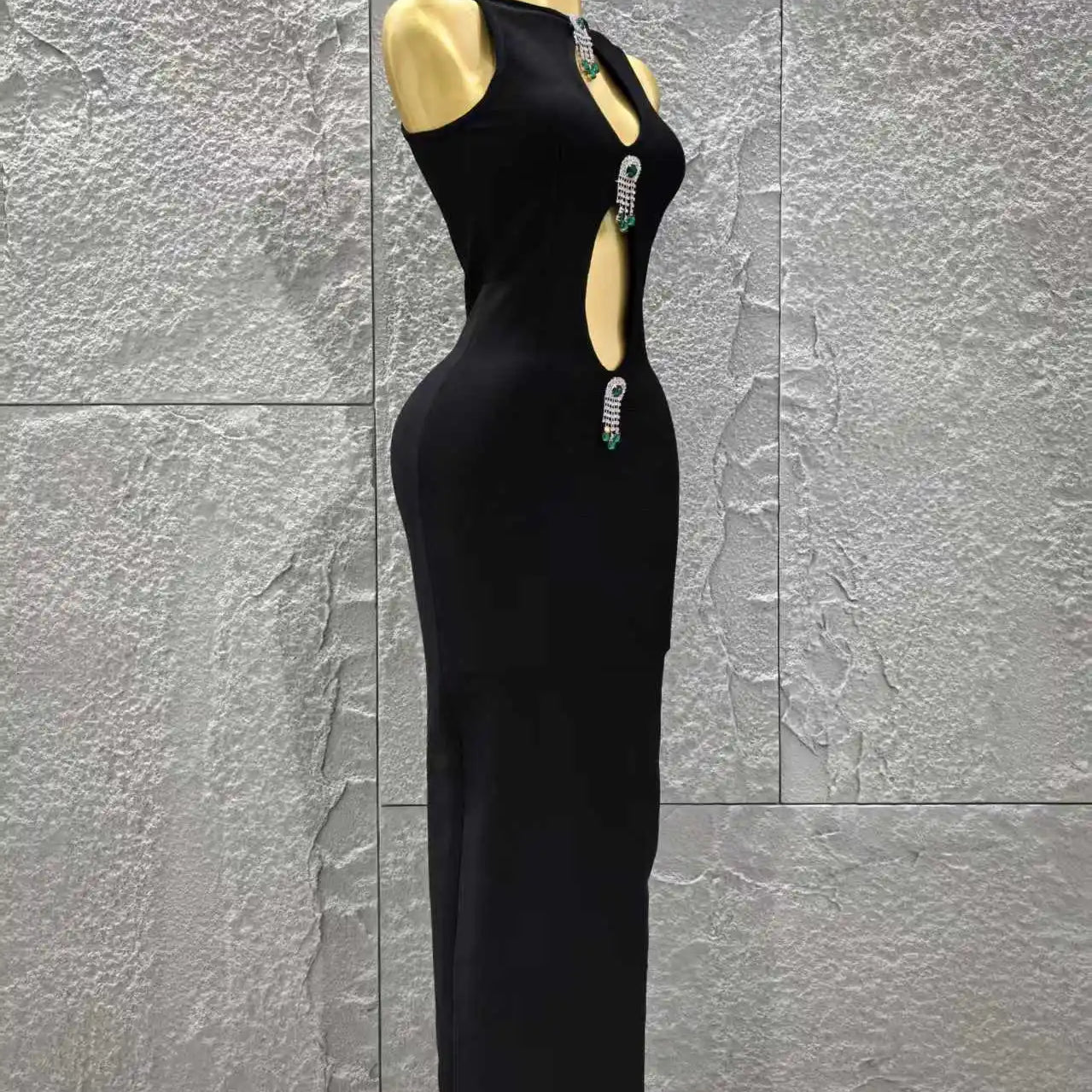 Top Quality Women Sleeveless Sexy Keyholes Shinning Diamond Bodycon Long Bandage Dress Evening Party Celebrate Cocktail Dress