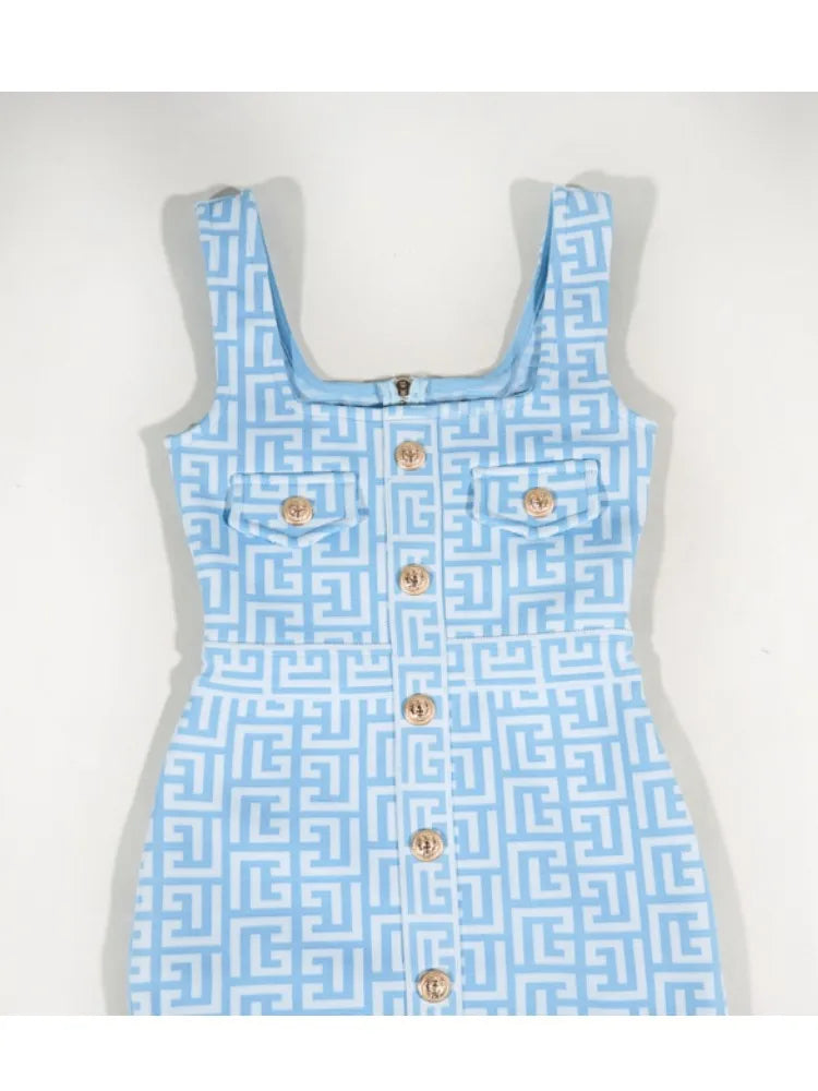 Women Summer Sexy Skyblue Jacquard Mini Bodycon Bandage Dress Elegant Evening Party Dress