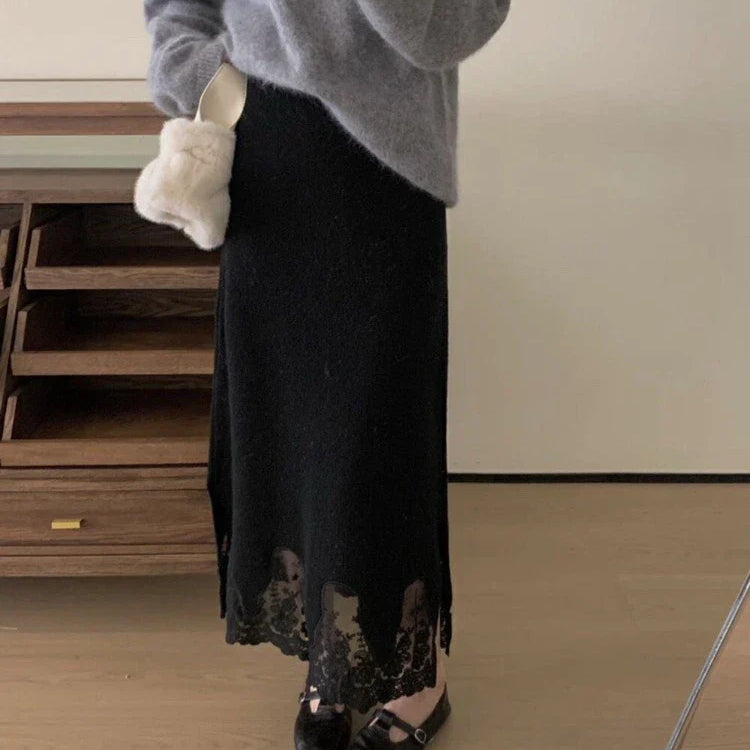 Patchwork Lace Skirts Women Fashion Knitted Jupe 2023 Faldas Mujer De Moda High Waist Tunic Saia Vintage Temperament Long Skirt