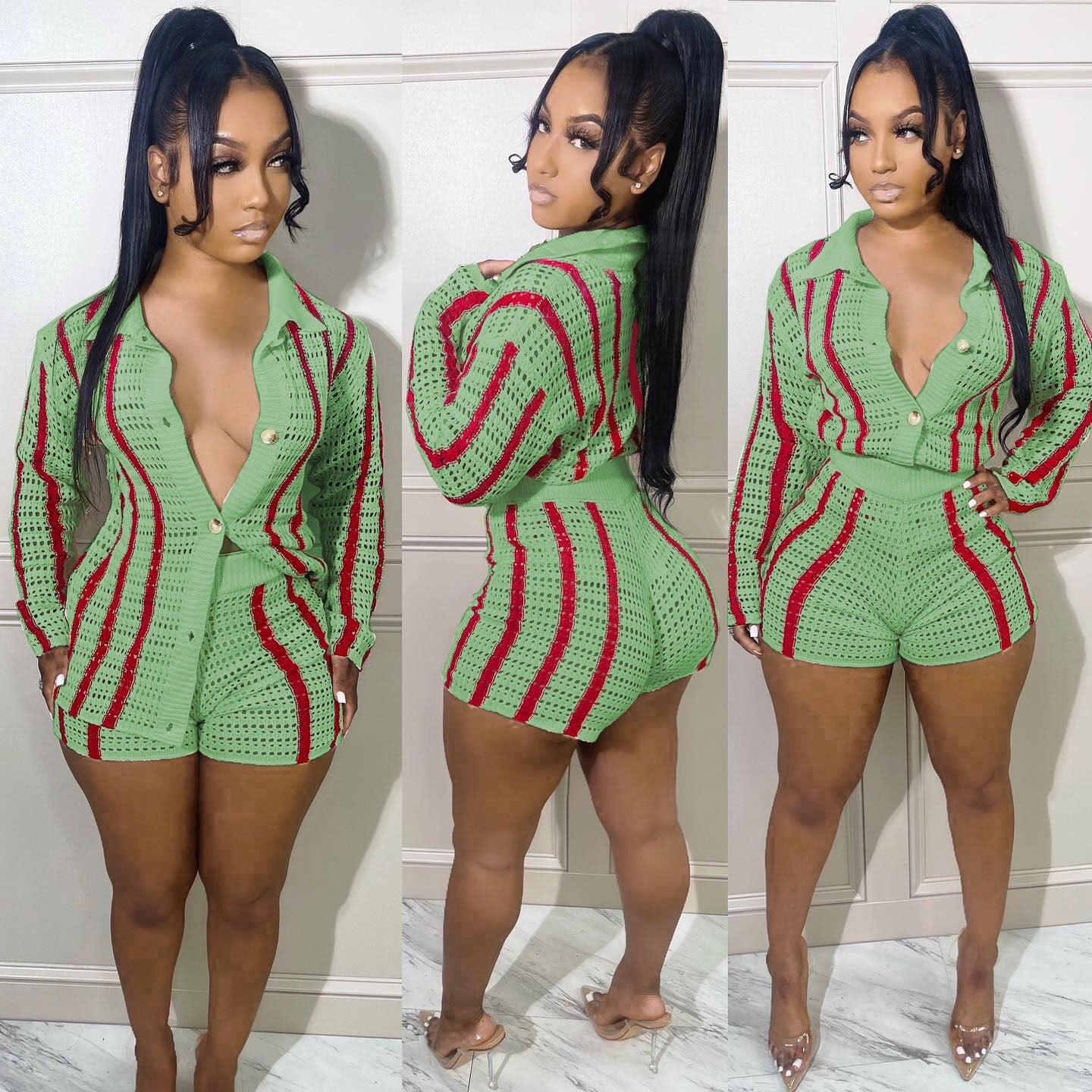 Striped Knitted Sweater Cardigan and Shorts Two Piece Set Women Clothing Fall Fashion Matching Set Green
