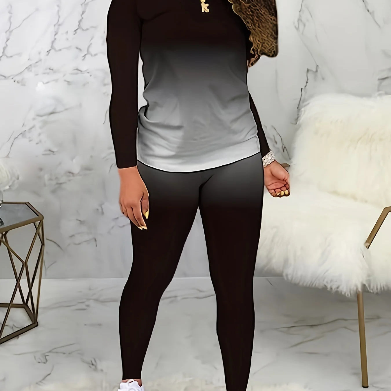Plus size European and American cross-border spring and autumn new round neck gradient long sleeve trousers casual suit black
